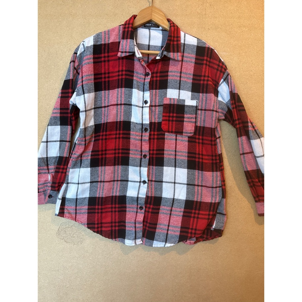 SHEIN Womens Red White Black Plaid Button Down Shirt Oversized Size S US 4